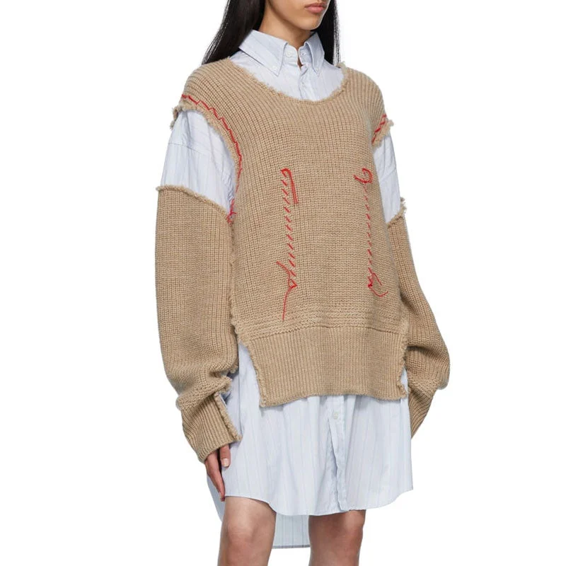 Deconstructed Frayed Trim Contrast Stitch Layer Effect Oversized Shirt - Stripe Elegant Longline Short Shirt