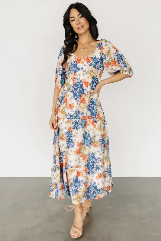 Denton Midi Dress | Blue Multi Trendy Tiered Hem Midi Dress