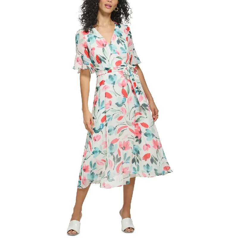 DKNY Womens Petites Floral  Midi Dress Elegant Pleated Detail Midi Dress