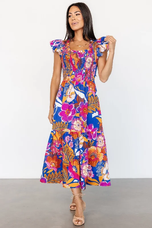 Dominique Midi Dress | Cobalt + Fuchsia Multi Trendy Off-Shoulder Ruffle Midi Dress