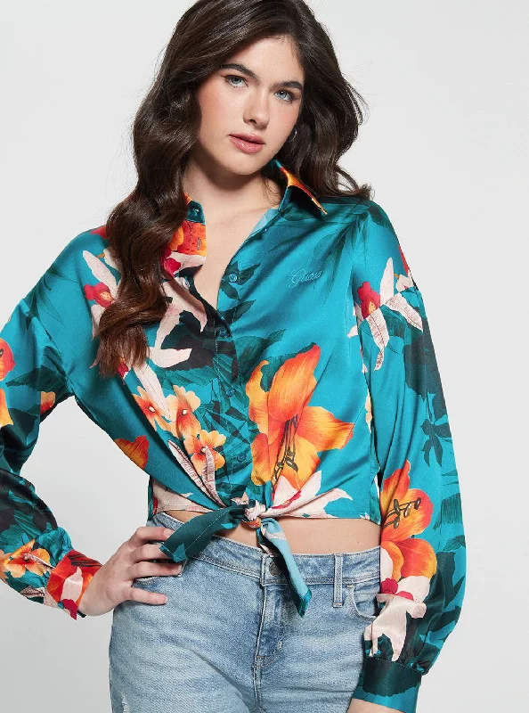 Eco Green Floral Bowed Jun Shirt Casual Loose Short Sleeve