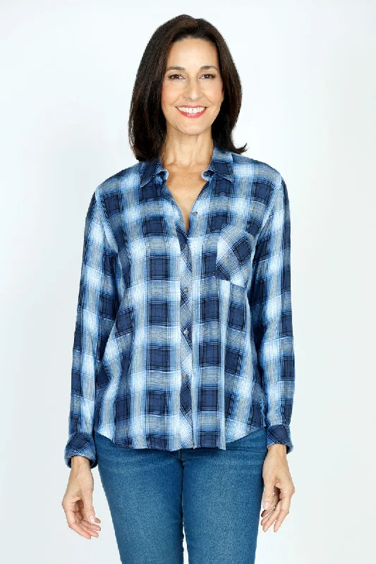 Elliott Lauren Blue Streak Plaid Shirt Stylish Split-Hem Short Shirt