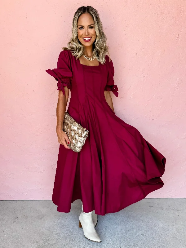 Burning Passion Puff Sleeve Midi Dress Elegant Maxi-Midi Hybrid Dress