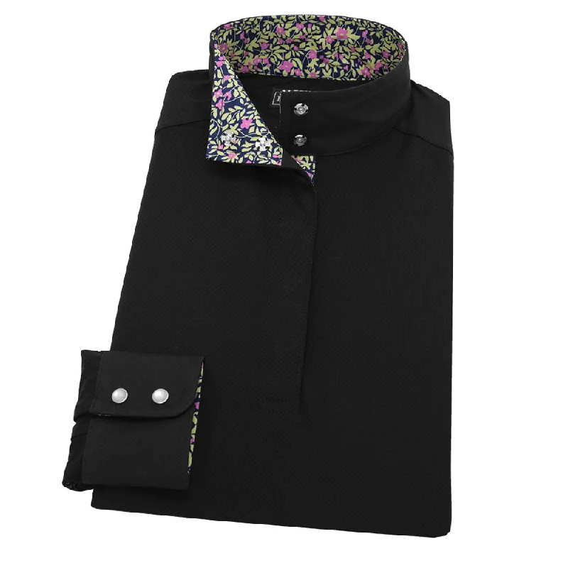 Essex Classics Ladies Magenta Flower “Dusk” Black Jumper Performance Show Shirt Trendy Button-Front Short Sleeve