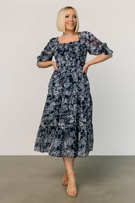 Fabian Jacquard Midi Dress | Indigo Print Fashionable Shift Midi Dress