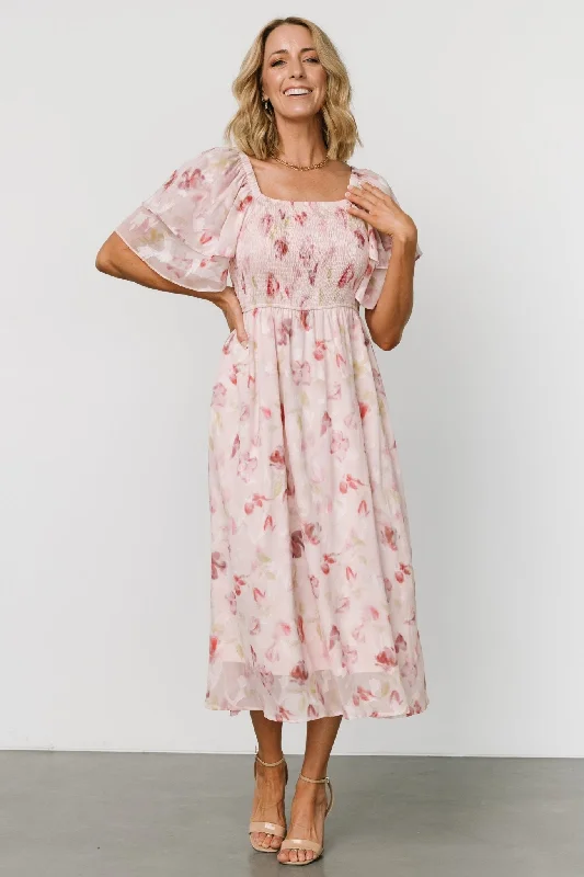 Flora Midi Dress | Blush Print Trendy Midi Dress with Belt