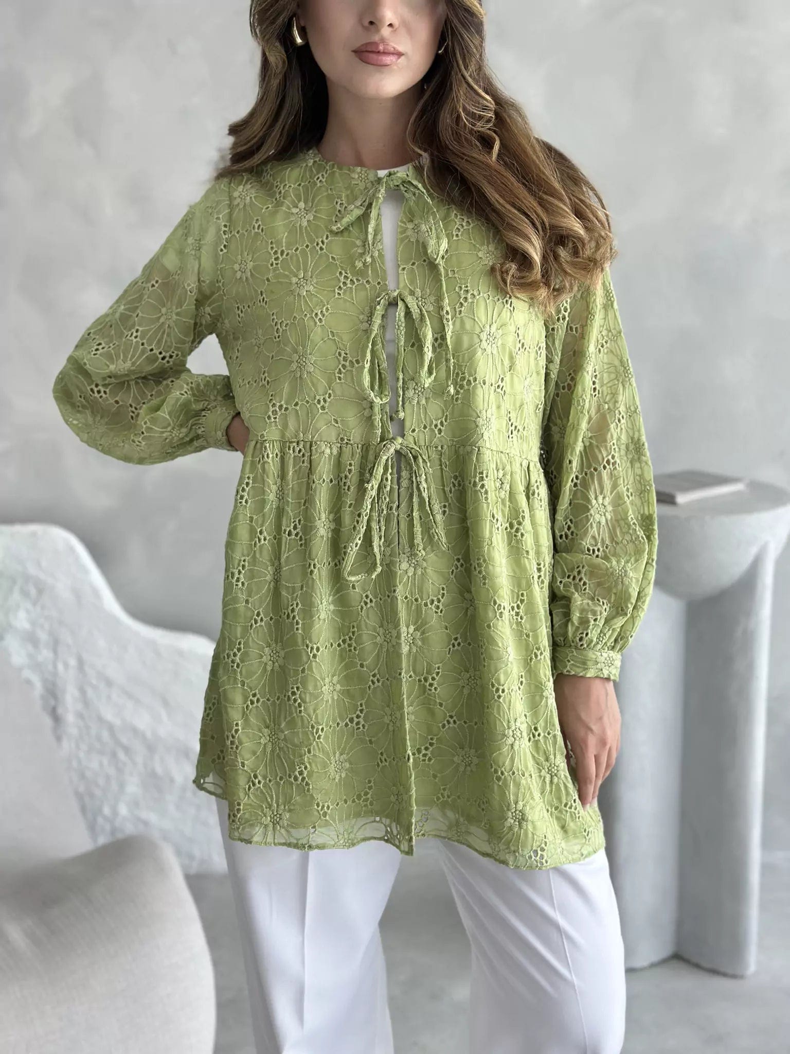 Flossie Green Embroidered Shirt Fashionable Button-Front Short Sleeve