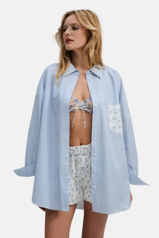 Tamren Button-Up Shirt Blue Stylish Round Neck Shirt