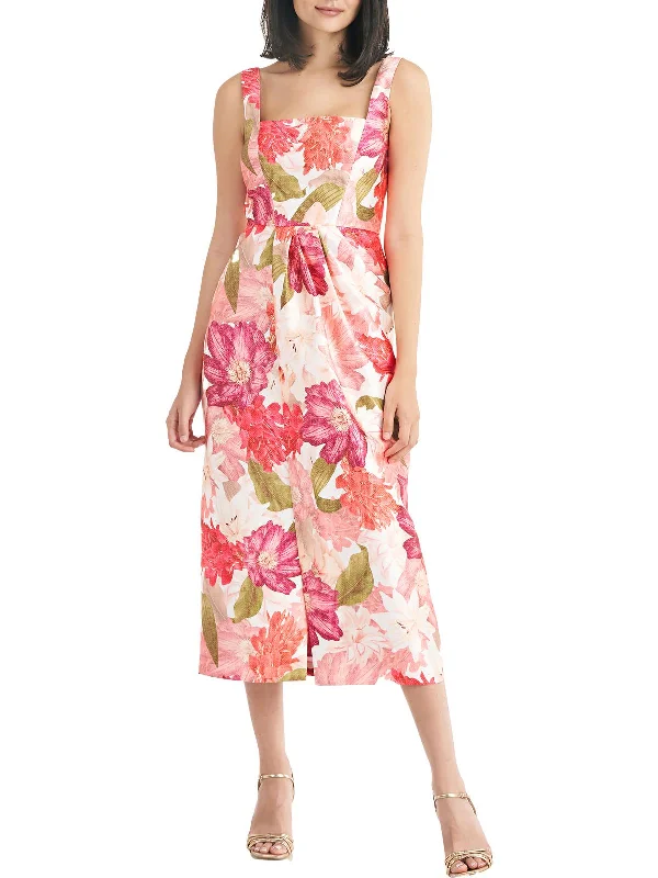 Frankie Womens Floral Calf Midi Dress Elegant Satin Button Midi Dress