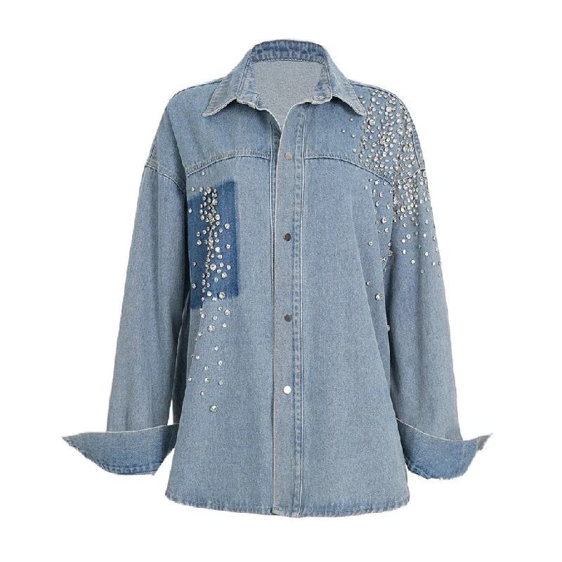 Glittering Rhinestone Long Sleeve Collared Button Front Oversized Denim Shirt Casual Short Sleeve Top