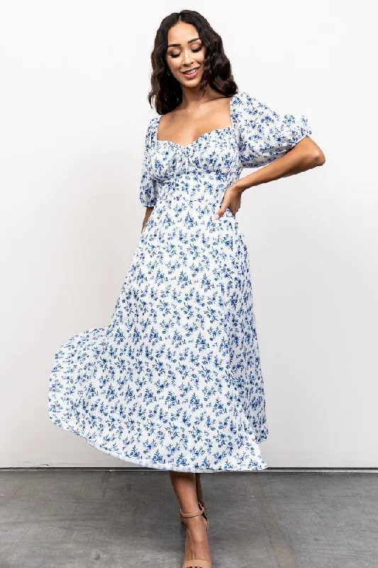 Gwen Smocked Midi Dress | Blue Floral Stylish Silk Midi Dress