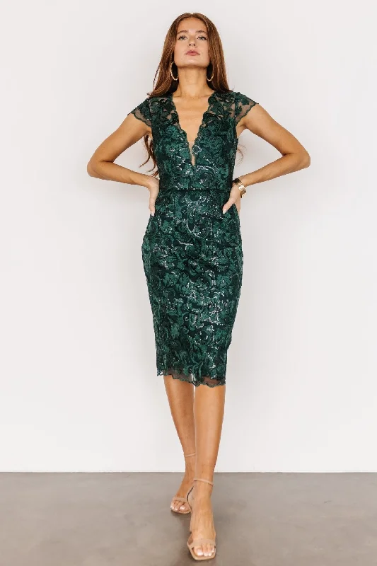 Jacqueline Embossed Midi Dress | Emerald Stylish Tiered Midi Dress