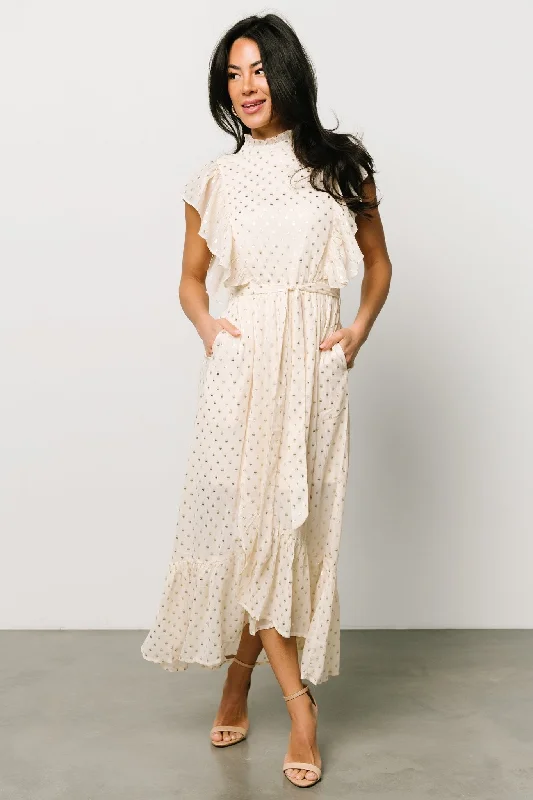 Jerika Midi Dress | Natural + Gold Elegant Floral Appliqué Midi Dress