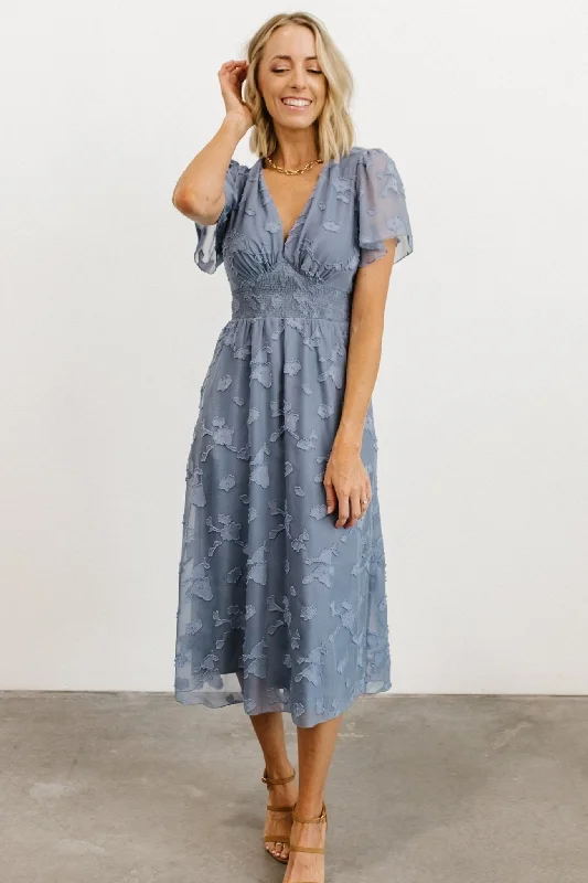 June Smocked Midi Dress | Blue Stylish Satin Midi Dress