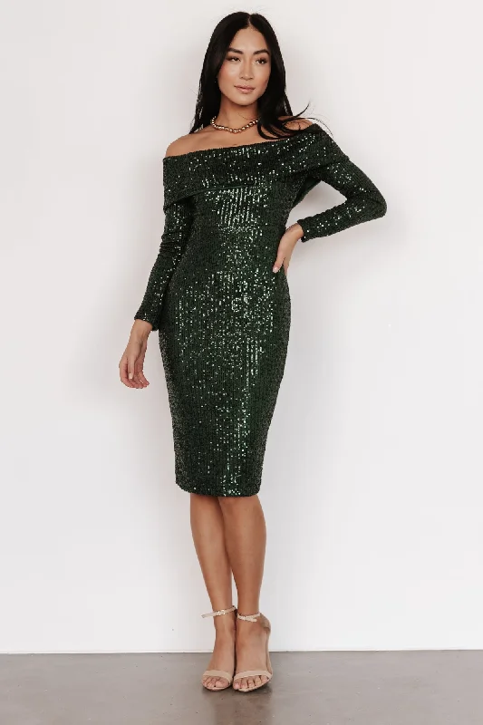 Karma Off Shoulder Sequin Midi Dress | Dark Green Fashionable A-Line Midi Dress