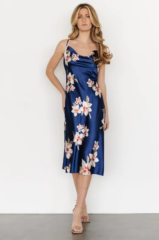 Katarina Slip Midi Dress | Vintage Blue Floral Stylish Button-Down Midi Dress