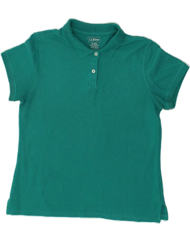 L.L.BEAN Womens Polo Shirt UK 14 Medium Green Cotton Trendy Ruffled Short Sleeve