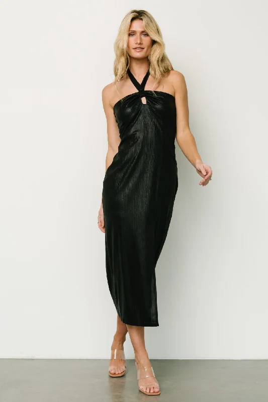 Leia Halter Midi Dress | Black Trendy Off-Shoulder Ruffle Midi Dress