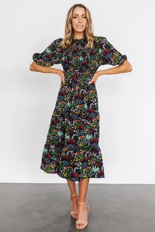 Lena Tiered Midi Dress | Black Multi Floral Comfortable Empire Waist Midi Dress