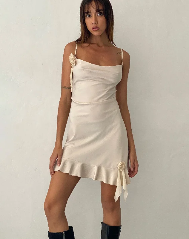 Litera Ruffle Rosette Mini Dress in Cream Comfortable Casual Mini Dress