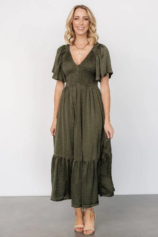 Lovell Smocked Midi Dress | Deep Olive Trendy Square Neck Midi Dress