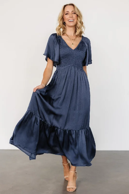 Lovell Smocked Midi Dress | Midnight Blue Stylish Button-Up Midi Dress