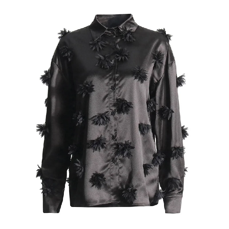 Luxurious 3D Rosette Collared Long Sleeve Button Up Oversized Satin Shirt Soft Flowing Short Shirt