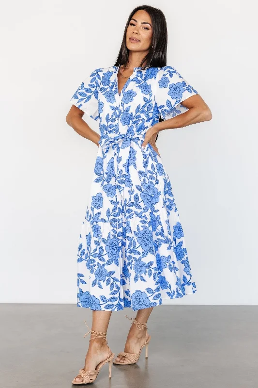 Lydie Button Midi Dress | White + Blue Fashionable One-Shoulder Midi Dress