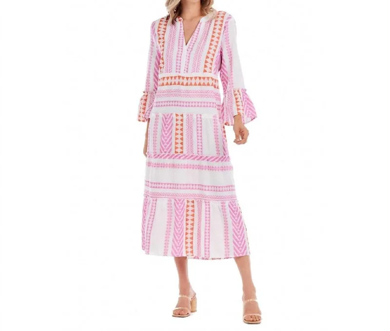 Mari Midi Dress in Pink Fashionable Sheer Sleeve Midi Dress