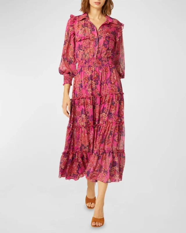 Marjan Smocked Tiered Floral Chiffon Midi Dress in Fuschia Batik Fashionable Wide Leg Midi Dress