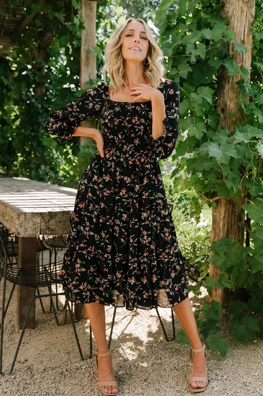 Marta Smocked Midi Dress | Black Floral Fashionable One-Shoulder Midi Dress