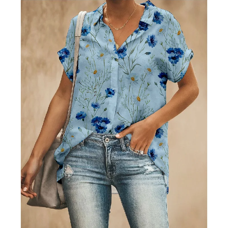 Morning Glory Blue Women Button Up Shirt Trendy Tie-Front Short Shirt