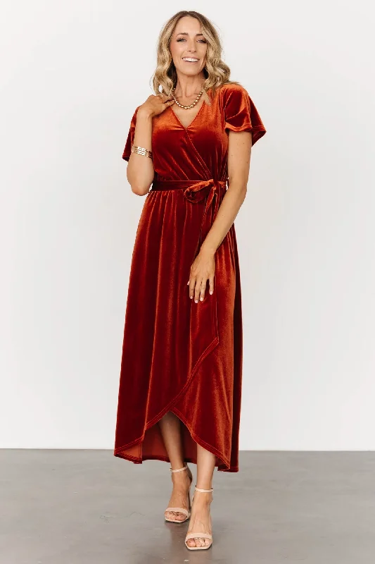 Nadine Velvet Midi Dress | Rust Comfortable Draped Midi Dress