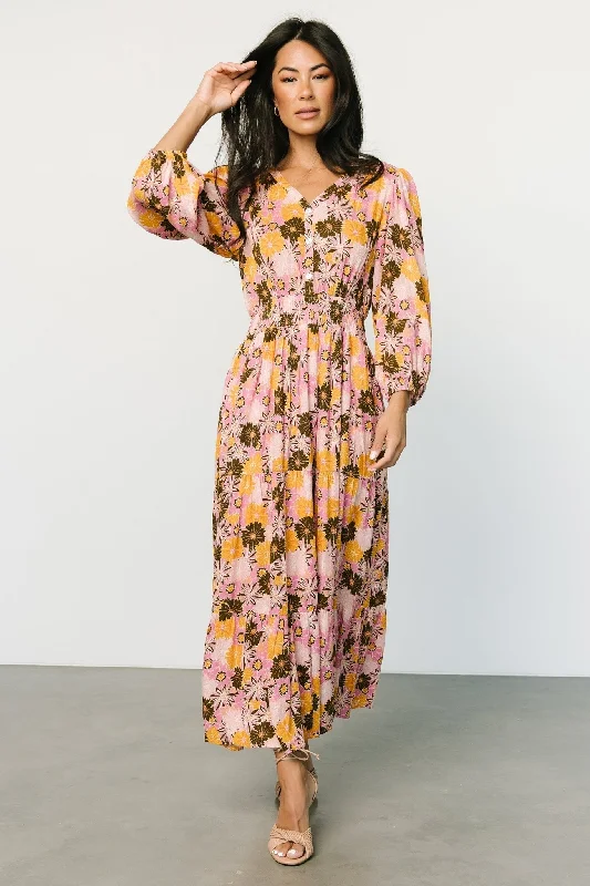 Noa Tiered Midi Dress | Pink + Mustard Comfortable Lace-Up Midi Dress