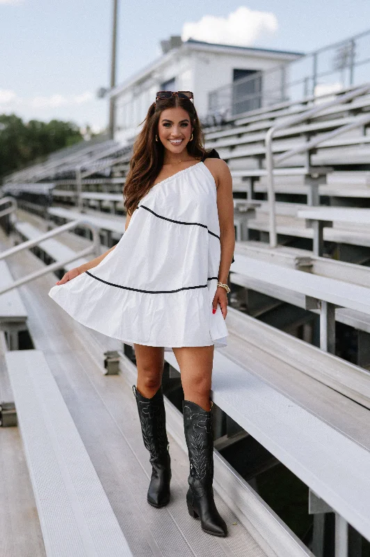 One Shoulder Bow Tie Mini Dress-Off White Trendy Mesh Mini Dress