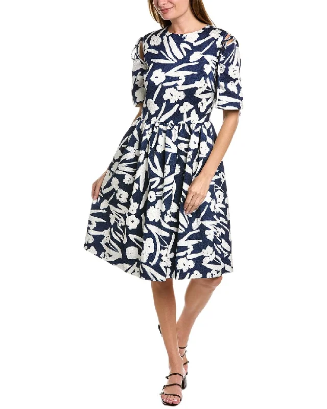 Oscar de la Renta Tie Shoulder Midi Dress Elegant Pleated Sleeve Midi Dress