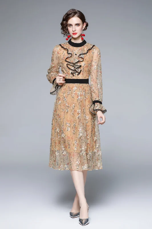 Pale orange Evening Lace Ruffled A-line Crewneck Long Sleeve Midi Dress Cozy Tie-Dye Midi Dress