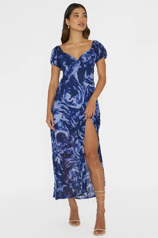 Park Avenue Puff Sleeve Midi Dress Print Blue Elegant V-Neck Midi Dress