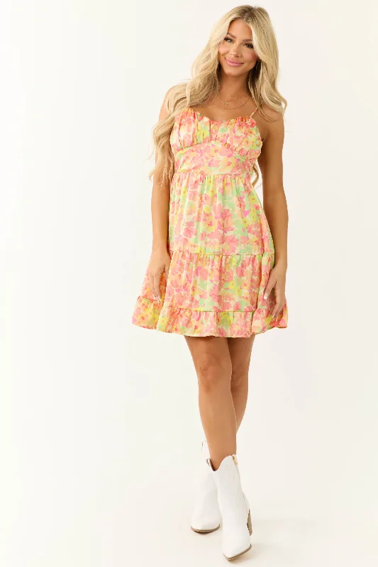 Pastel Yellow Floral Print Satin Mini Dress Fashionable Mini Dress with Pockets