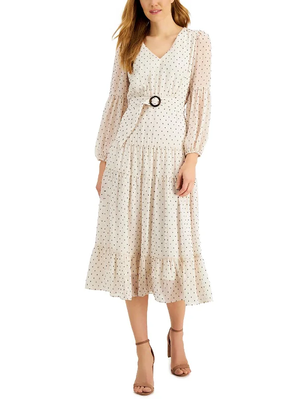 Petites Womens Chiffon Long Sleeves Midi Dress Cozy Knit Midi Dress