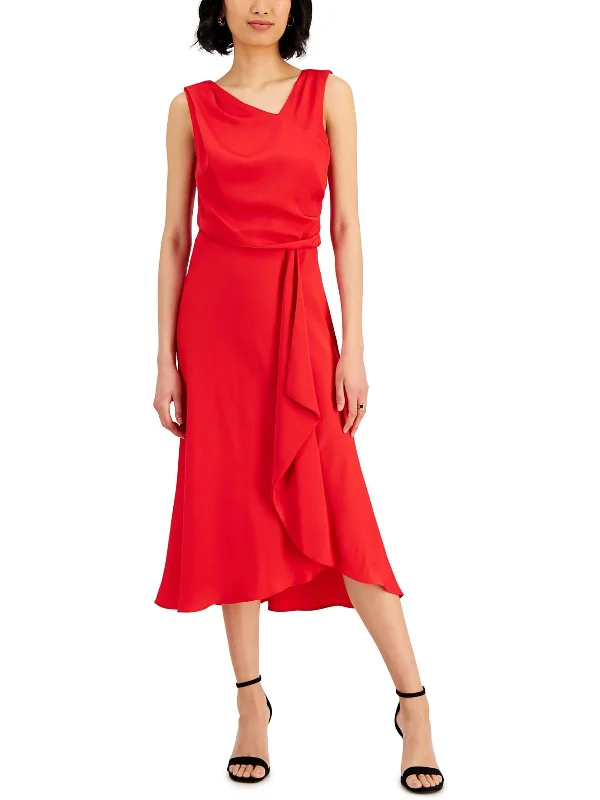 Petites Womens Drapey Calf Midi Dress Stylish Silk Midi Dress