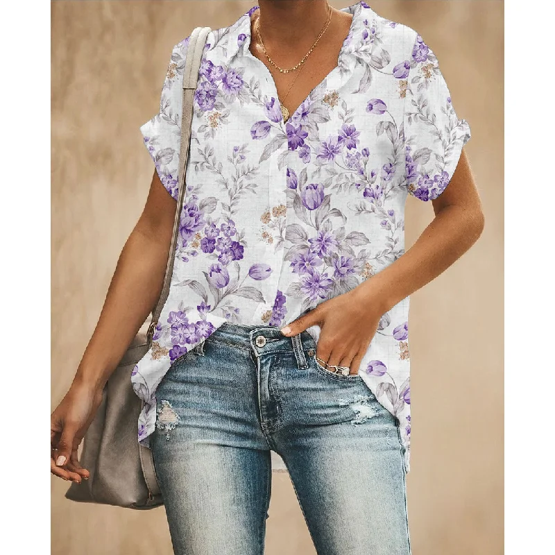 Purple Flowers Women Button Up Shirt Cozy Linen Short Shirt