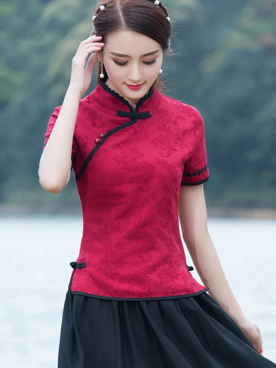 Red Jacquard Linen Qipao / Cheongsam Top Shirt Cozy Summer Short Shirt