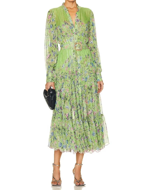 Rhea Midi Dress With Buckle Belt in Pear Green Floral Fashionable Chiffon Midi Dress