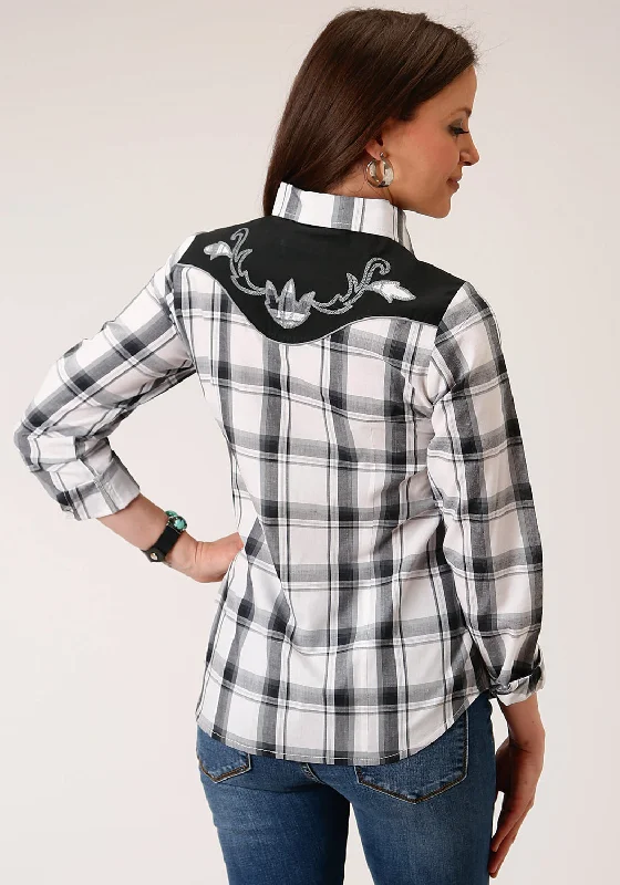 Roper Womens 1505 Plaid Black/Grey Cotton Blend L/S Shirt Classic Short Sleeve Blouse