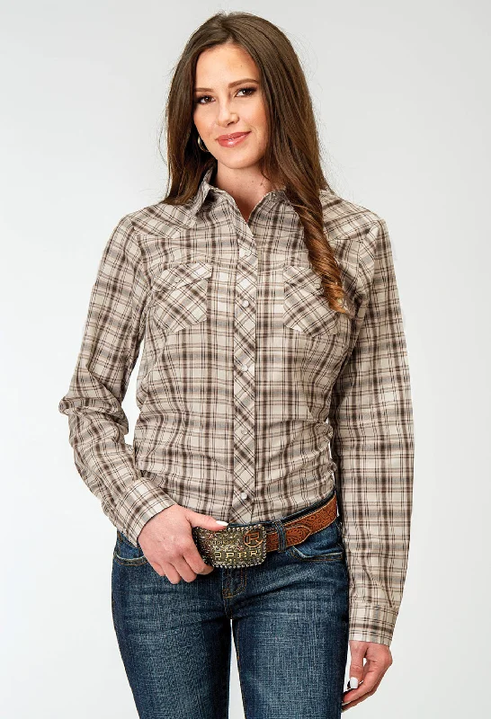 Roper Womens 1968 Desert Plaid Brown Cotton Blend L/S Shirt Relaxed Fit Short Sleeve Top