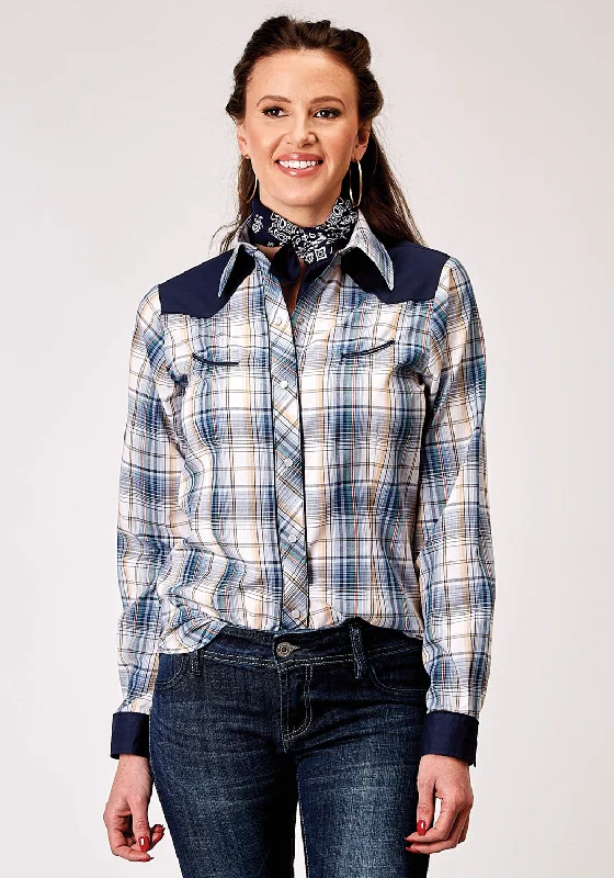 Roper Womens 1971 Madras Plaid Blue Cotton Blend Retro L/S Shirt Relaxed Cotton Short Blouse