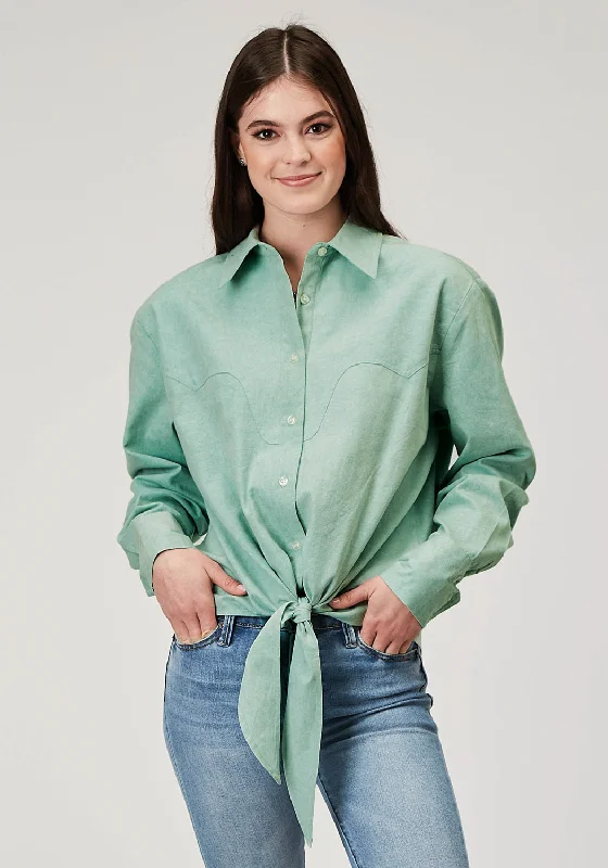 Roper Womens 2014 Denim Aqua 100% Cotton L/S Shirt Comfortable Peplum Short Shirt