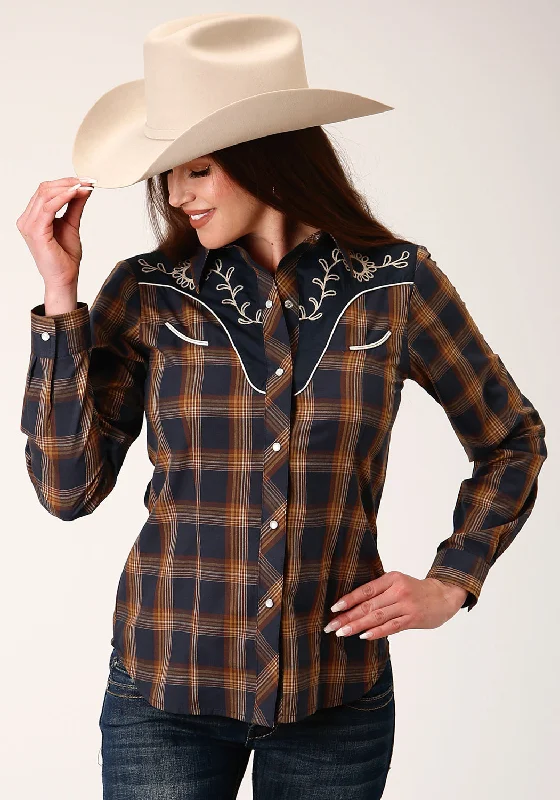 Roper Womens 822 Plaid Navy/Brown Cotton Blend L/S Shirt Trendy Tie-Front Short Shirt