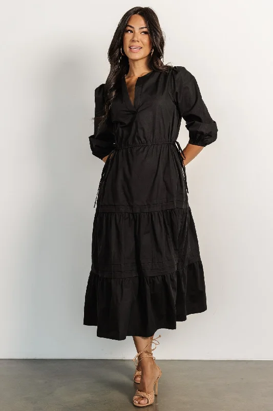 Santa Fe Poplin Midi Dress | Black Stylish Off-Shoulder Ruffle Dress